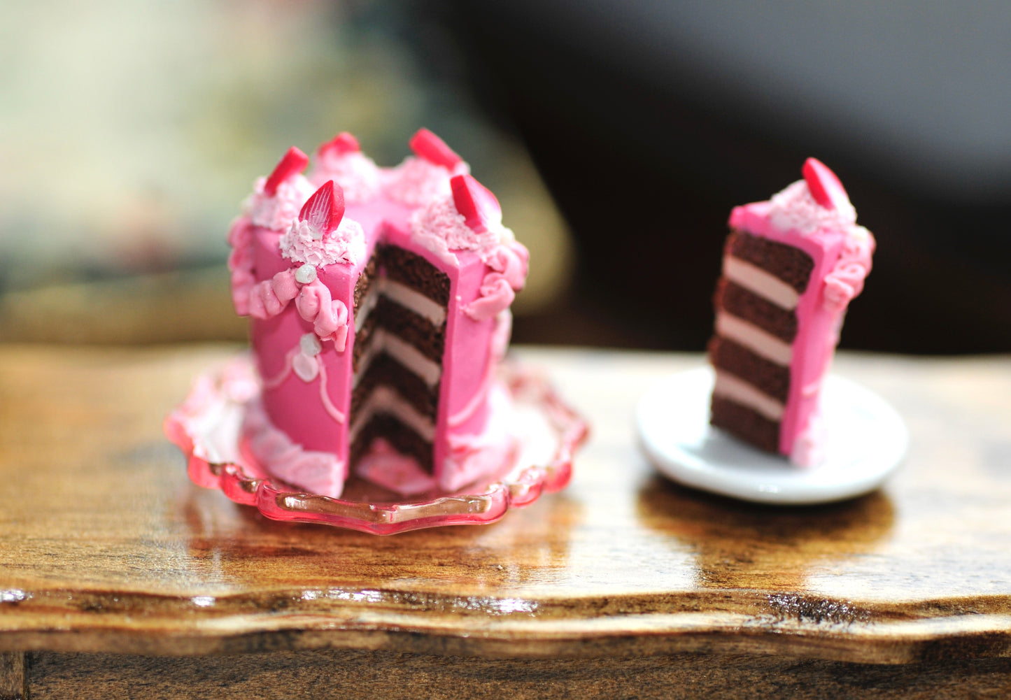 Tall Pink Strawberry cake w/ slice