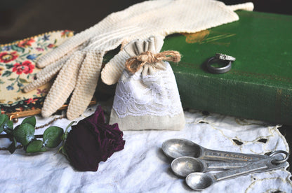 PERSONALIZED Organic Lavender or Rose Sachet Favors | Linen & Lace Toss Bag | Wedding, Bridal Shower, Baby Shower Favors | 25 ct