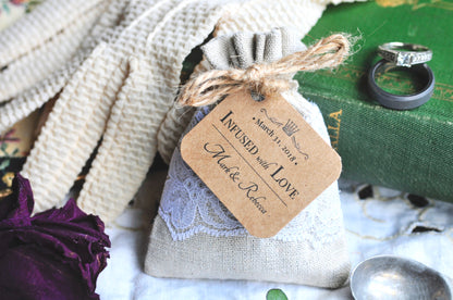 PERSONALIZED Organic Lavender or Rose Sachet Favors | Linen & Lace Toss Bag | Wedding, Bridal Shower, Baby Shower Favors | 25 ct