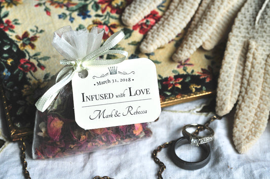 PERSONALIZED Rose Sachet Favors | Hand-filled Herbal Organza Toss Bag | 25 count